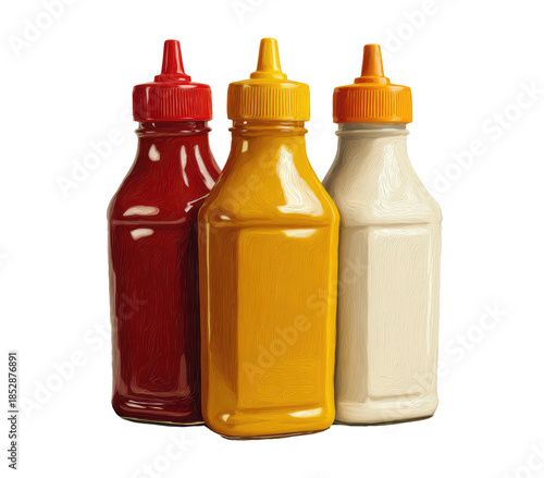 Three squeeze bottles of condiments ketchup, mustard, and mayonnaise, isolated on black