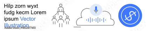 Communication tools, teamwork, financial management, voice technology, cloud services, digital systems. Line art showing people hierarchy, a cloud with microphone and currency symbol. Communication