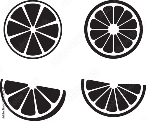Citrus fruit slice silhouette vector icon set with whole and half orange lemon lime