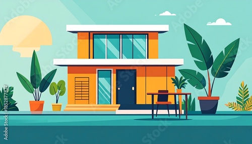 A sunny, two-story home with orange walls, greenery, and a table with a chair outside in a stylized vector art