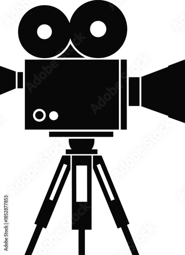 Vintage film camera silhouette, black movie icon, tripod camera vector, retro cinematography symbol, filmmaking equipment art, media production graphic