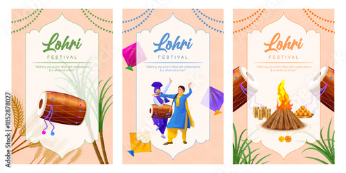 Elegant Lohri festival greeting card vector featuring a traditional Punjabi dhol, wheat, and sugarcane elements. This minimal and clean design is ideal for festive invitations, greeting cards, posters