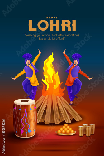 This vibrant vector illustration represents the joyful celebration of Lohri festival. The design features traditional Punjabi dancers performing Bhangra around a glowing bonfire.