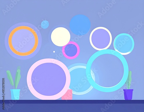 Abstract arrangement of circles and potted plants against a gradient blue backdrop, on a shelf