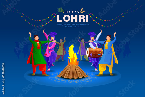 Colorful Happy Lohri festival vector illustration showing Punjabi men and women performing traditional Bhangra dance around a warm bonfire. This vibrant design represents joy, harvest celebration.