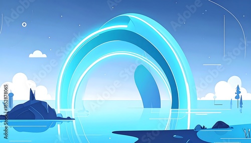 Abstract arch of light emerging from a calm sea, with simple islands and minimalist trees under a pale blue sky