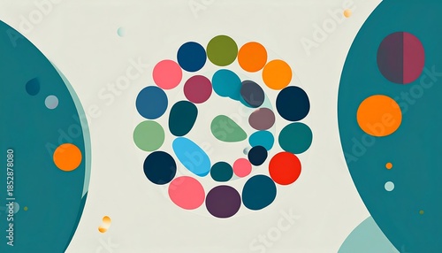 Abstract arrangement of colorful circles and blobs on a beige background, framed by teal shapes on either side