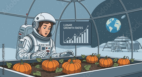 Astronaut Tends to Pumpkins in Space Greenhouse.
