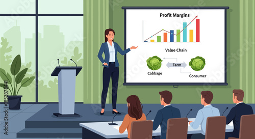 Businesswoman presenting to audience in conference room.