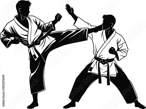 Karate martial arts fighters practicing high kick technique in silhouette style, traditional combat training illustration showing action movement and discipline