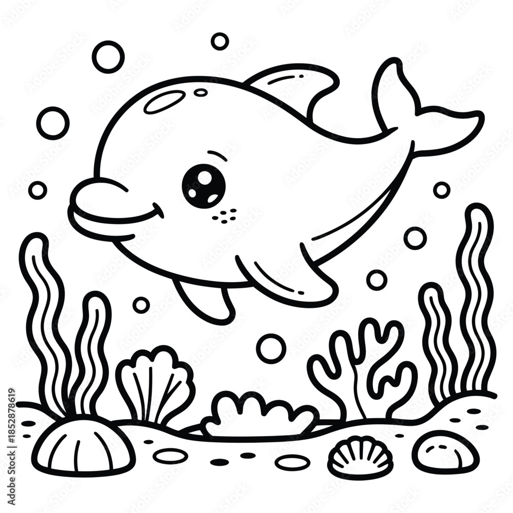 Obraz premium Cute Cartoon Dolphin Underwater Coloring Page for Kids