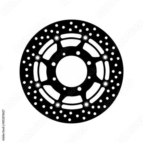 Stylized vector icon of a circular perforated brake disc, an essential automotive and motorcycle component for vehicle safety and efficient braking system performance