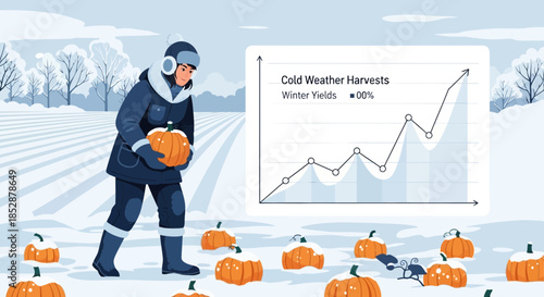 Farmer Inspecting Pumpkins in Snowy Field.