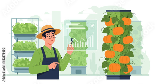 Farmer Inspecting Vertical Farm Crops.