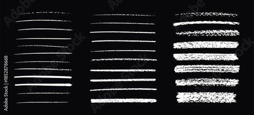Chalk Grunge Brushes and Charcoal Pencil Horizontal Lines Set. Scribble Black Strokes and Crayon Texture Smears. Hand Drawn Chalk Strokes, Pencil Underline and Divider Vector Pack.
