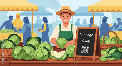 Farmer Selling Fresh Cabbage at Market.