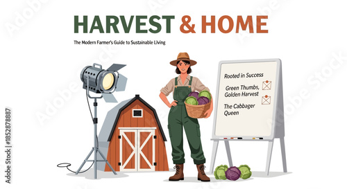 Farmer Standing with Basket near Barn.