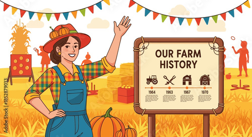 Farmer Woman Waving at Farm Sign.