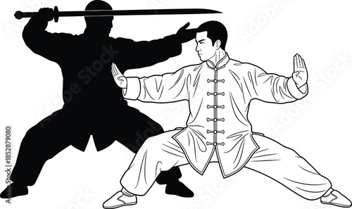 Martial artist practicing traditional kung fu pose with shadow silhouette showing dynamic movement, discipline, strength, weapon training and Chinese martial arts culture