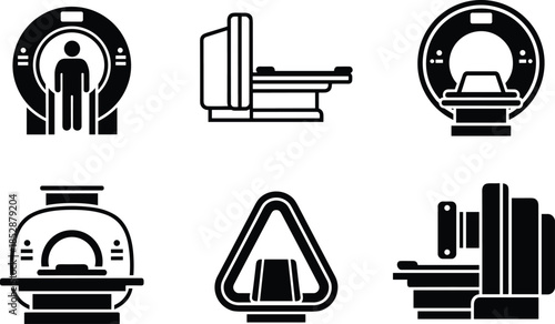 Medical imaging icons, MRI scanner, CT machine, PET scan, X-ray equipment, diagnostic technology, hospital tools, radiology symbols, healthcare graphics, black and white illustration