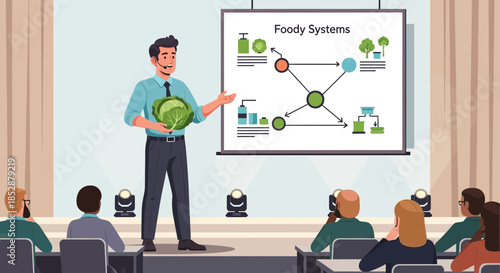 Man presenting food systems diagram to audience.