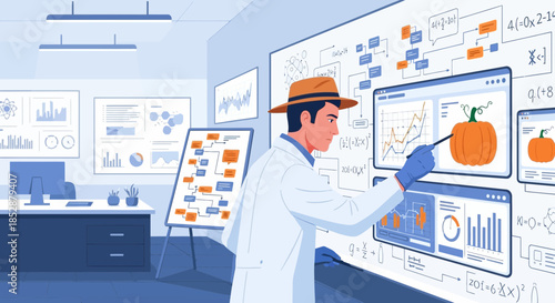 Scientist Analyzing Data on Whiteboard in Lab.