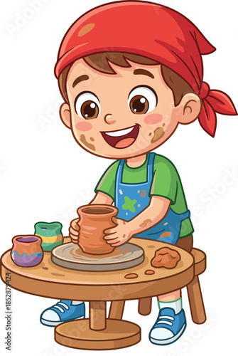 Cartoon child making pottery, red bandana, blue apron, clay pots, smiling face, creative activity, hands-on art, star pattern, cheerful expression, craftsmanship