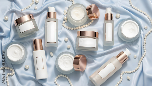 Luxury skincare products and pearl necklace arranged on silky fabric
