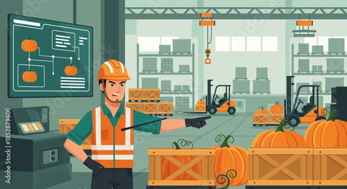 Warehouse Worker Inspecting Orange Crates.