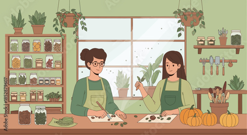 Two Women Preparing Food in Kitchen.