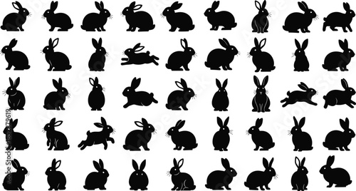 Rabbit silhouettes collection, animal poses grid, bunny vector icons, abstract wildlife illustration, diverse rabbit postures, animal anatomy concept, pattern design