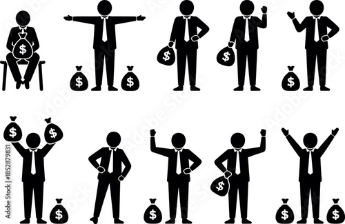 Business Man Silhouette Icon Set Featuring Professional Figures with Money Bags for Wealth Investment Success Financial Growth and Profit Concepts