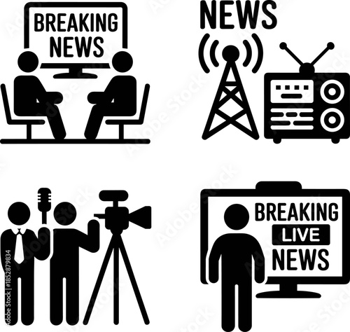 Breaking News Media Icon Set Featuring Journalists TV Anchors Live Broadcast Equipment Radio Transmission Towers and Press Communication for Journalism Projects