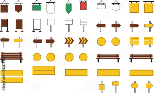 Signage icons collection, street furniture vector, directional arrows illustration, benches and signboards, urban planning design, wayfinding system elements, colorful icons