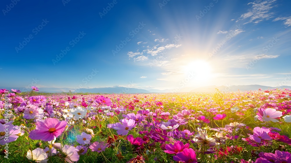 Obraz premium Vibrant Field of Colorful Flowers Under a Bright Sunny Sky with Blue Clouds.