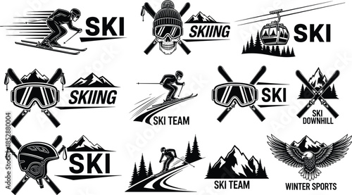 Skiing logos, winter sports icons, ski team graphics, downhill skier, mountain silhouette, ski goggles, helmet vector, snow activity, alpine branding, black illustrations