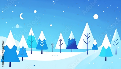 A serene winter landscape illustration with snow-covered trees against a blue gradient sky, with stars and moon