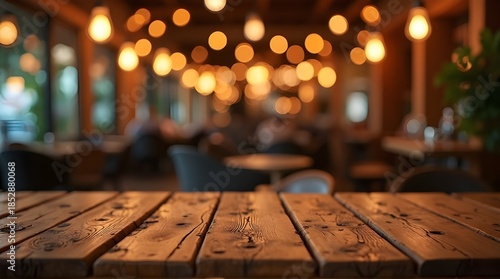 Rustic wooden table foreground with warm, golden bokeh lights and blurry restaurant interior background. Ideal for product display or food montage.