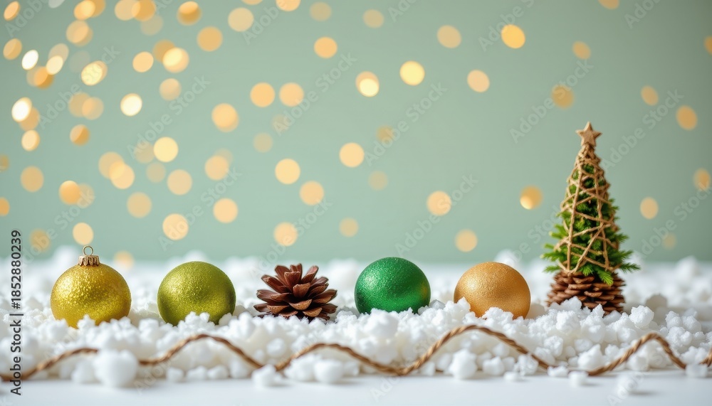 Obraz premium Festive holiday decorations with shiny ornaments, pine cones, and miniature Christmas tree on a snowy background