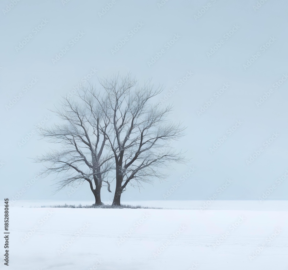 Fototapeta premium Minimal winter background with soft snowfall, pale blue gradient sky, quiet and serene mood
