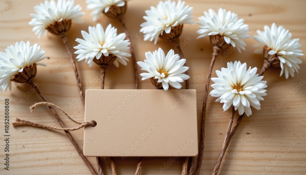 Obraz premium Natural White Flowers with Empty Tag on Wooden Background for Creative Projects
