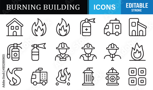 Firefighter and fire response line icons
