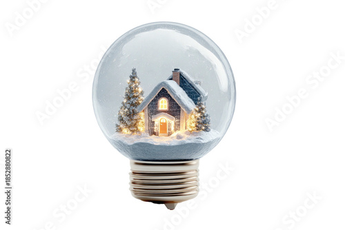 A whimsical, spherical snow globe with a cozy house and trees illuminated with warm light