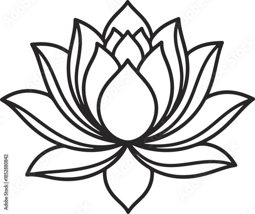 Black and white line of a lotus flower with multiple petals line black and white outline