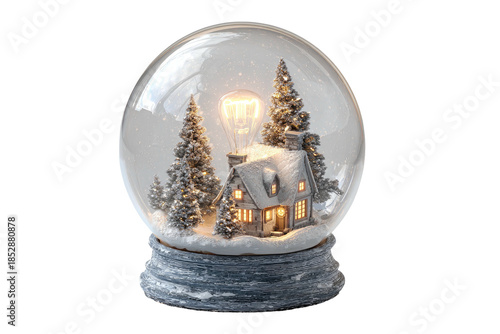 Illuminated snow globe with a miniature house, trees, and glowing lightbulb