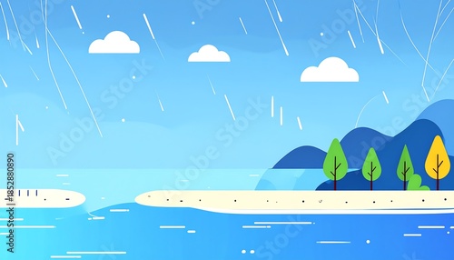 A simple flat illustration of a beach with trees, sea, mountains, clouds, and rain in blue and green colors