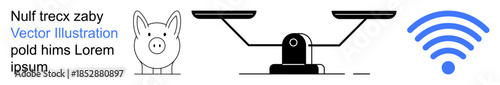 Finance management, digital communication, justice, connectivity solutions, balance, and equality. Piggy bank, balance scale and wireless icon. Finance management and digital communication ideas