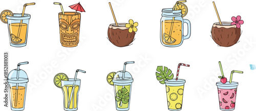 Hand drawn collection of refreshing tropical summer cocktails and juices.