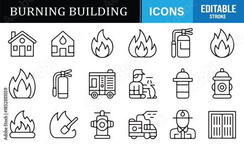 Fire disaster and rescue editable line icons