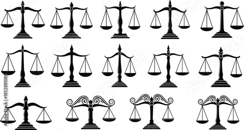 Collection of Justice Scale Icons Featuring Legal Balance Symbols and Law Icons for Courtroom Equality Justice System and Professional Legal Services Vector